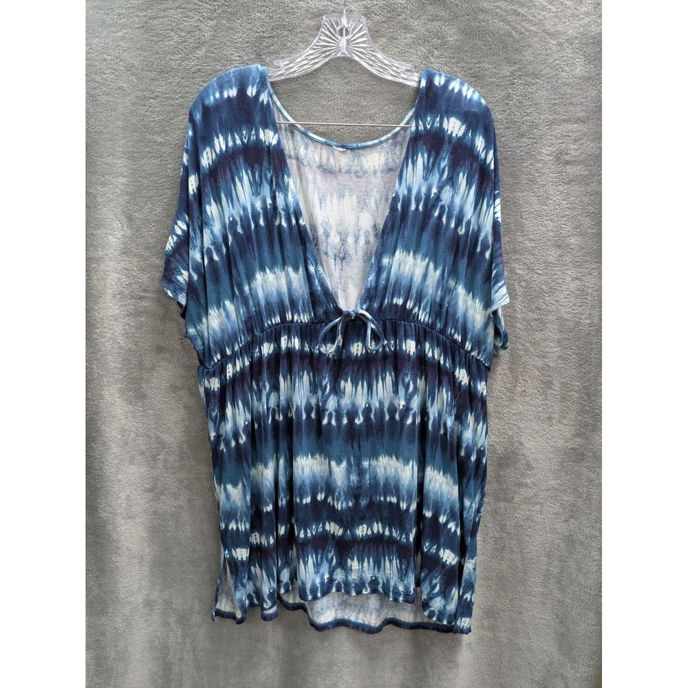 Women's Blue Tie Dye Babydoll Top Size 1X V-Neck Drawstring Empire Waist Flowy‎